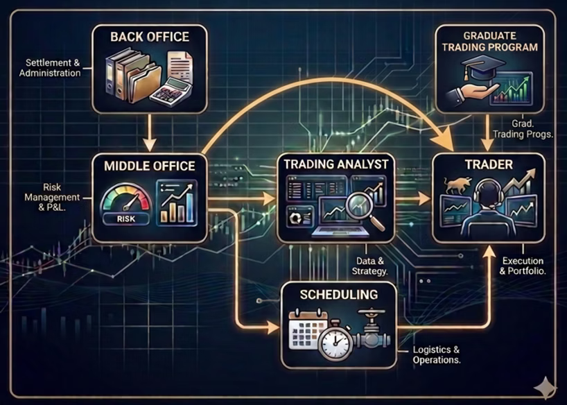 Career progression to trader — Back Office, Middle Office, Trading Analyst, Scheduling, and Graduate Trading Program routes into a Trader seat.