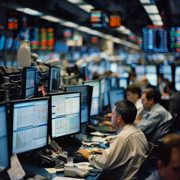 A trader at a multi-monitor desk beneath walls of market screens.
